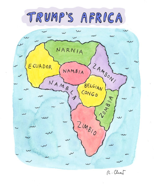 Roz Chast, "Trump's Africa," 2018, The New Yorker, October 16, 2017 (Original B&W Version, 2017), Editor: Emma Allen, Courtesy the artist 