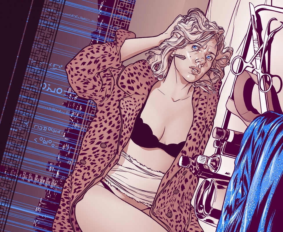 Illustration by Martin Ansin for Richard Brody's The New Yorker review of Luc Besson's "Lucy", starring Scarlett Johansson.